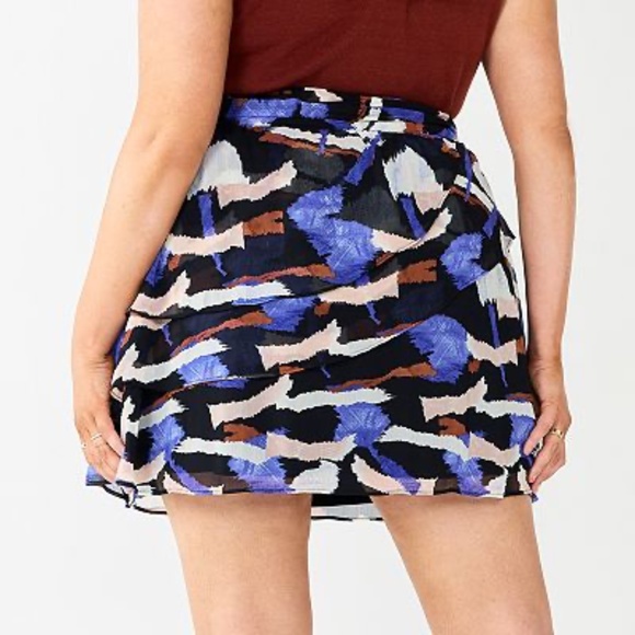 Nine West Blue Black Camel Abstract Ruffle Mini Skirt Women Size XL Flowy Layer - Picture 4 of 6